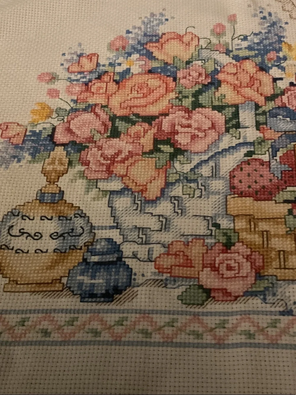 Hand-Embroidered Floral Still Life Cross-Stitch - Pink and Blue